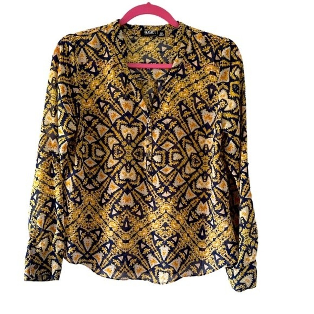 ANA Navy and Yellow Sheer Half Button Blouse Size PM